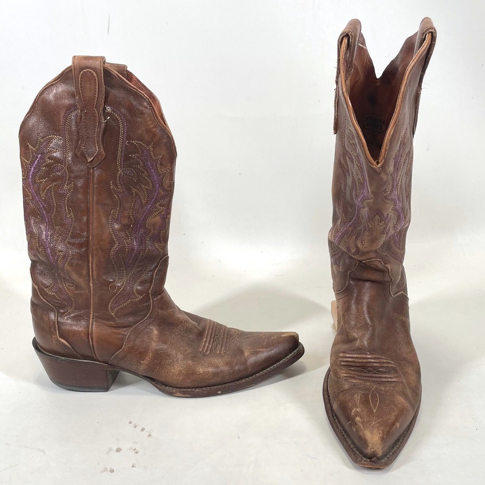 Nocona Brown Leather Western Cowboy Boots Purple Stitching Pointed Toe 7 B 4016